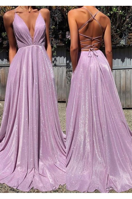 A-Line V-Neck Sparkle Long Prom Dress Formal Evening Dresses 601800