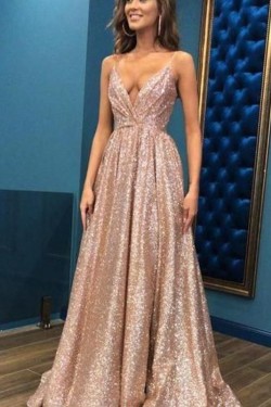 A-Line V-Neck Sequins Long Prom Dress Formal Evening Dresses 601803