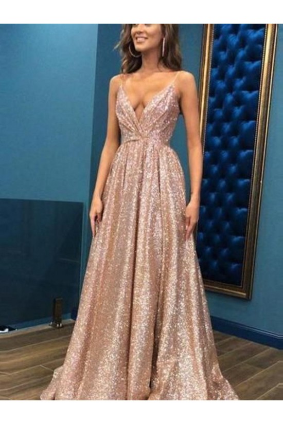 A-Line V-Neck Sequins Long Prom Dress Formal Evening Dresses 601803