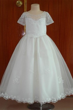 A-Line Beaded Short Sleeve Flower Girl Dresses F010022