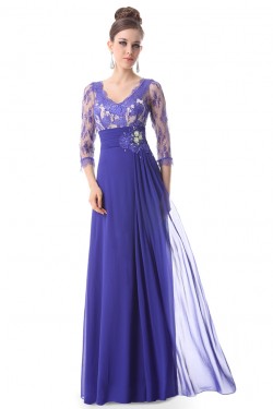 A-Line V-Neck 3/4 Sleeve Lace and Chiffon Mother of the Bride Dresses M010015