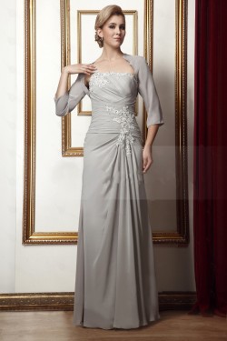 Elegant One-Shoulder Beaded Applique Long Chiffon Mother of the Bride Dresses with A Jacket M010016