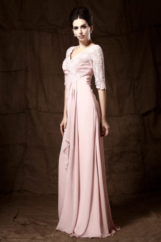 Sheath/Column Half Sleeve Beaded Long Chiffon Mother of the Bride Dresses M010023