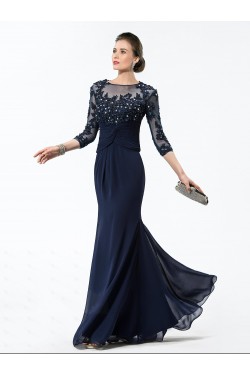 Elegant Trumpet/Mermaid Beaded Applique 3/4 Sleeve Long Chiffon Mother of the Bride Dresses M010028