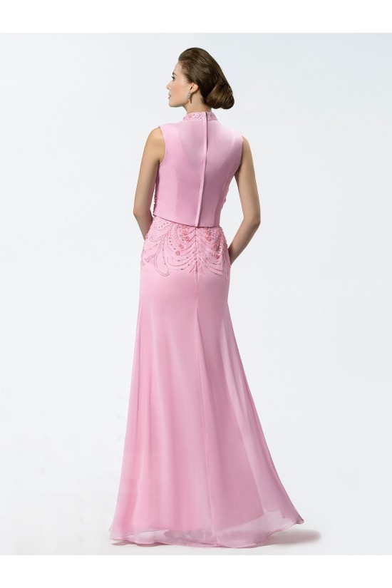 Trumpet/Mermaid Beaded High Neck Long Pink Chiffon Mother of the Bride Dresses M010029