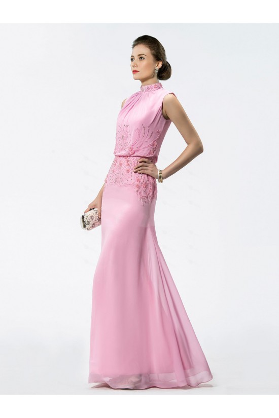 Trumpet/Mermaid Beaded High Neck Long Pink Chiffon Mother of the Bride Dresses M010029