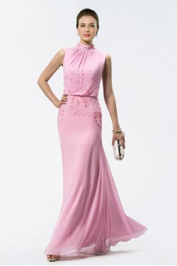 Trumpet/Mermaid Beaded High Neck Long Pink Chiffon Mother of the Bride Dresses M010029