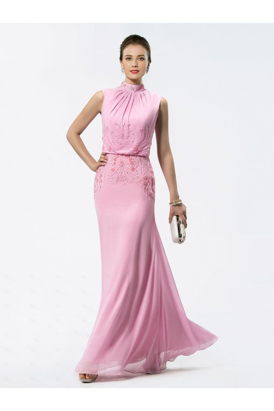 Trumpet/Mermaid Beaded High Neck Long Pink Chiffon Mother of the Bride Dresses M010029