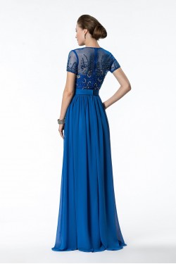 A-Line Jewel Short Sleeve Beaded Long Blue Chiffon Mother of the Bride Dresses M010032