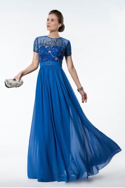 A-Line Jewel Short Sleeve Beaded Long Blue Chiffon Mother of the Bride Dresses M010032