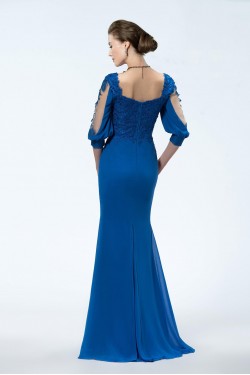 Trumpet/Mermaid 3/4 Sleeve Lace Applique and Chiffon Long Blue Mother of the Bride Dresses M010034