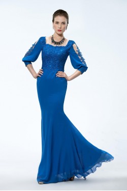 Trumpet/Mermaid 3/4 Sleeve Lace Applique and Chiffon Long Blue Mother of the Bride Dresses M010034