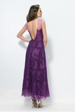 A-Line Long Purple Lace Low V-Back Mother of the Bride Dresses M010036