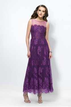A-Line Long Purple Lace Low V-Back Mother of the Bride Dresses M010036
