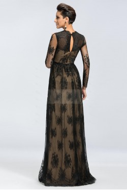 A-Line V-Neck Long Sleeve Beaded Black Lace Mother of the Bride Dresses M010044