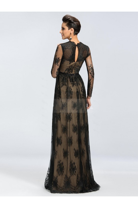 A-Line V-Neck Long Sleeve Beaded Black Lace Mother of the Bride Dresses M010044