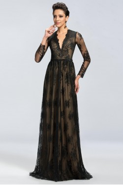 A-Line V-Neck Long Sleeve Beaded Black Lace Mother of the Bride Dresses M010044