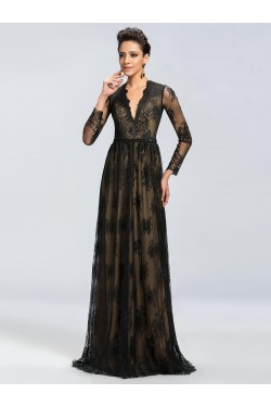 A-Line V-Neck Long Sleeve Beaded Black Lace Mother of the Bride Dresses M010044