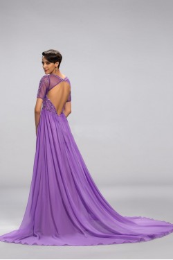 A-Line Beaded Short Sleeve Long Chiffon Mother of the Bride Dresses M010046