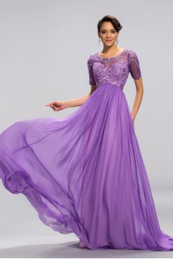 A-Line Beaded Short Sleeve Long Chiffon Mother of the Bride Dresses M010046