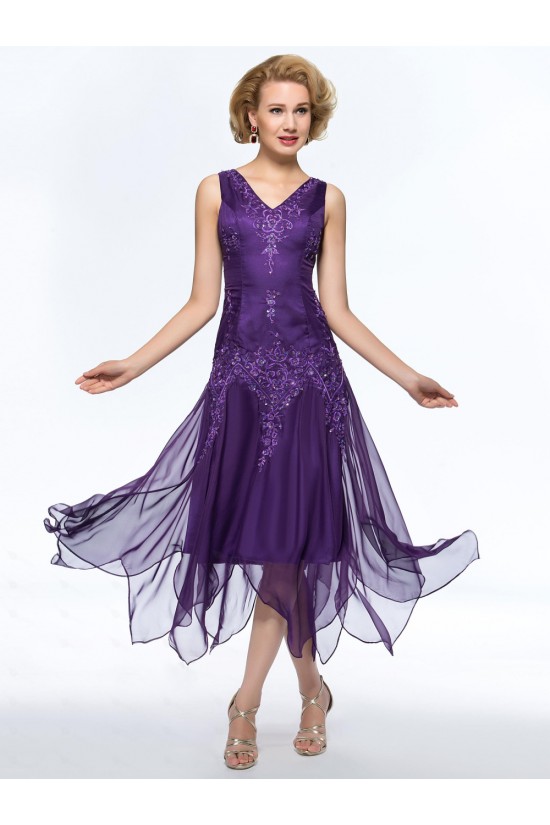 A-Line Beaded V-Neck Short Purple Embroidery Mother of the Bride Dresses M010051