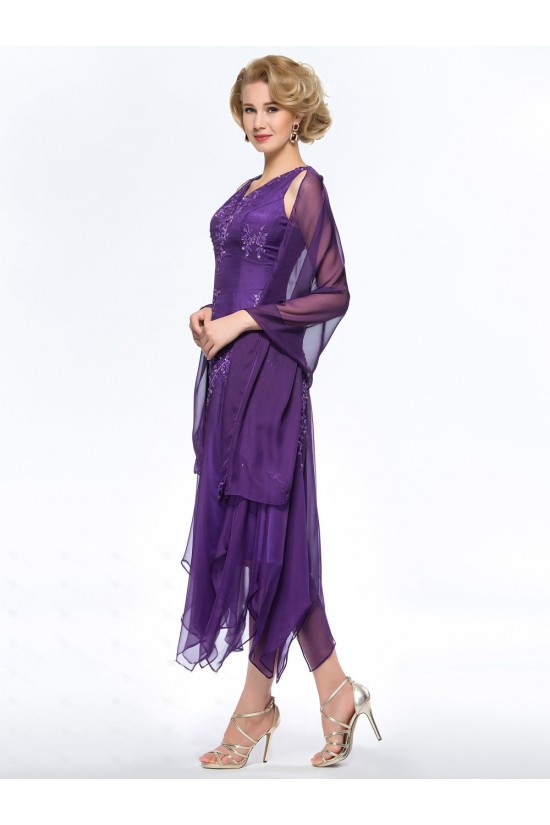 A-Line Beaded V-Neck Short Purple Embroidery Mother of the Bride Dresses M010051