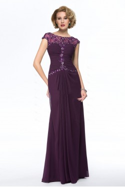 Elegant Sheath Cap-Sleeve Long Chiffon Beaded Mother of the Bride Dresses M010055