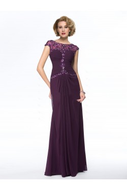 Elegant Sheath Cap-Sleeve Long Chiffon Beaded Mother of the Bride Dresses M010055