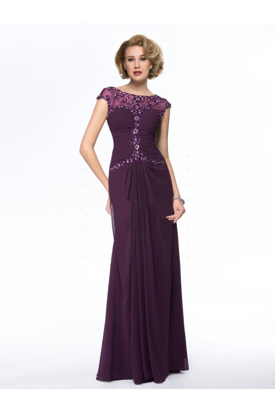 Elegant Sheath Cap-Sleeve Long Chiffon Beaded Mother of the Bride Dresses M010055