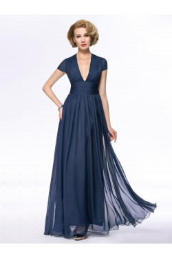 A-Line Deep V-Neck Cap-Sleeve Long Chiffon Mother of the Bride Dresses M010058