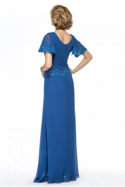 Long Blue Short Sleeve Applique and Chiffon Mother of the Bride Dresses M010064