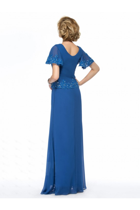 Long Blue Short Sleeve Applique and Chiffon Mother of the Bride Dresses M010064