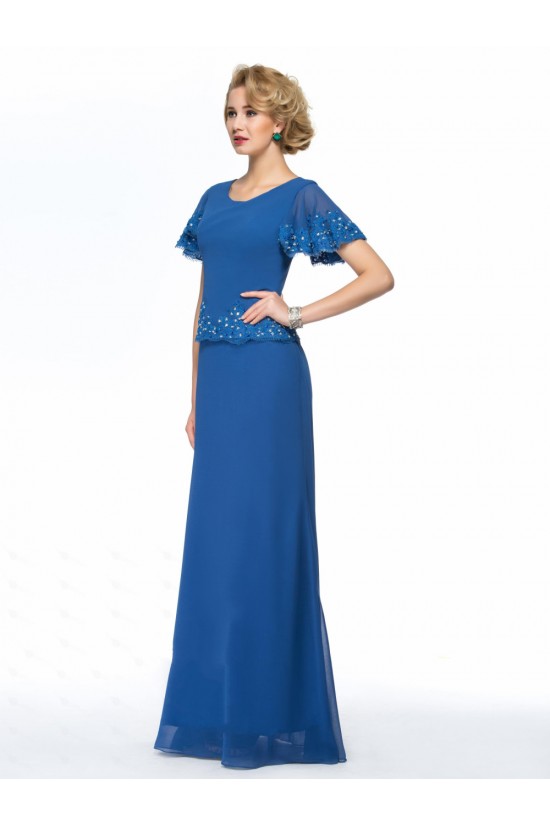 Long Blue Short Sleeve Applique and Chiffon Mother of the Bride Dresses M010064