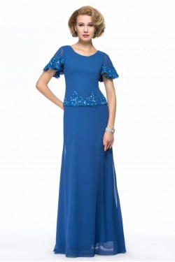 Long Blue Short Sleeve Applique and Chiffon Mother of the Bride Dresses M010064