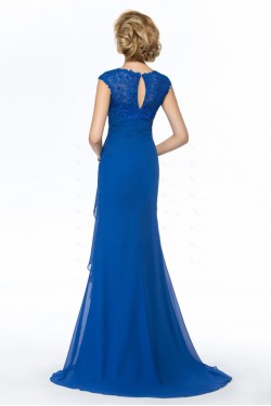Sheath V-Neck Long Blue Lace and Chiffon Mother of the Bride Dresses M010065