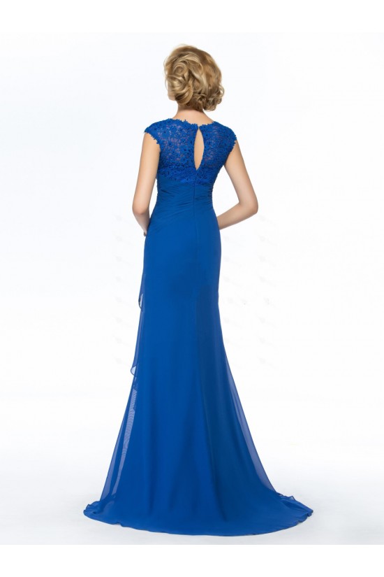 Sheath V-Neck Long Blue Lace and Chiffon Mother of the Bride Dresses M010065