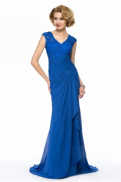 Sheath V-Neck Long Blue Lace and Chiffon Mother of the Bride Dresses M010065