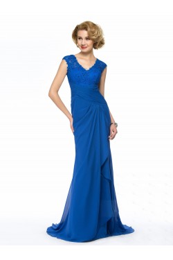 Sheath V-Neck Long Blue Lace and Chiffon Mother of the Bride Dresses M010065