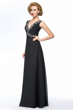 A-Line V-Neck Beaded Long Black Mother of the Bride Dresses with A Jacket M010070