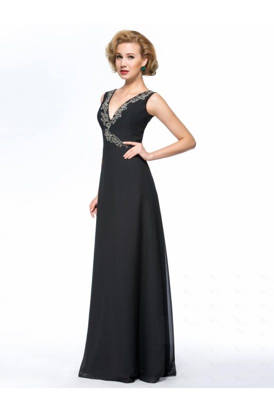 A-Line V-Neck Beaded Long Black Mother of the Bride Dresses with A Jacket M010070