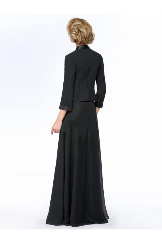A-Line V-Neck Beaded Long Black Mother of the Bride Dresses with A Jacket M010070
