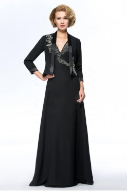 A-Line V-Neck Beaded Long Black Mother of the Bride Dresses with A Jacket M010070