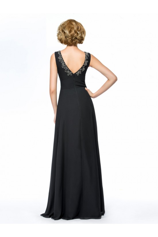 A-Line V-Neck Beaded Long Black Mother of the Bride Dresses with A Jacket M010070