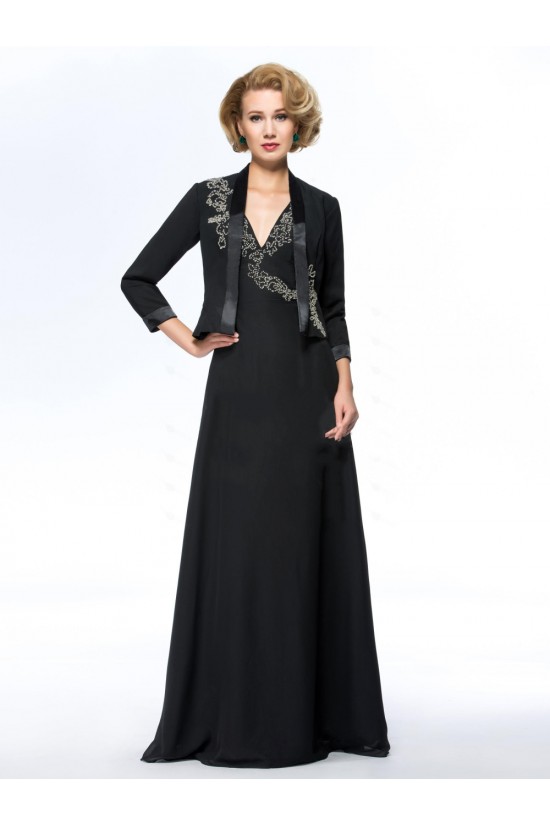A-Line V-Neck Beaded Long Black Mother of the Bride Dresses with A Jacket M010070