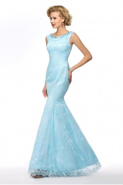 Elegant Trumpet/Mermaid Beaded Long Blue Lace Mother of the Bride Dresses M010071