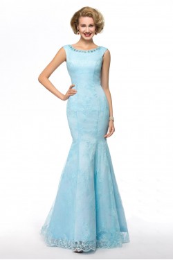 Elegant Trumpet/Mermaid Beaded Long Blue Lace Mother of the Bride Dresses M010071