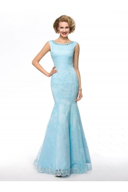 Elegant Trumpet/Mermaid Beaded Long Blue Lace Mother of the Bride Dresses M010071
