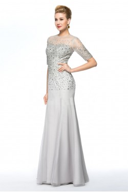 Beaded Short Sleeve Jewel Long Chiffon Mother of the Bride Dresses M010075