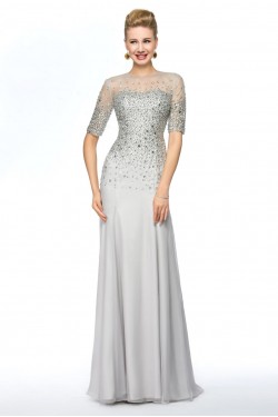 Beaded Short Sleeve Jewel Long Chiffon Mother of the Bride Dresses M010075