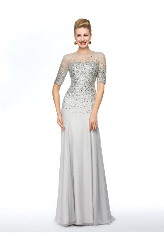 Beaded Short Sleeve Jewel Long Chiffon Mother of the Bride Dresses M010075